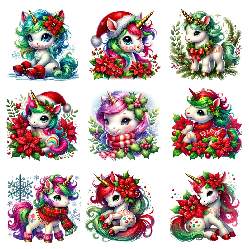 Christmas Flowers Cute Pink Unicorn Clothes Heat Transfer Iron Heat Transfer Preparation Press Children's Clothing Patch