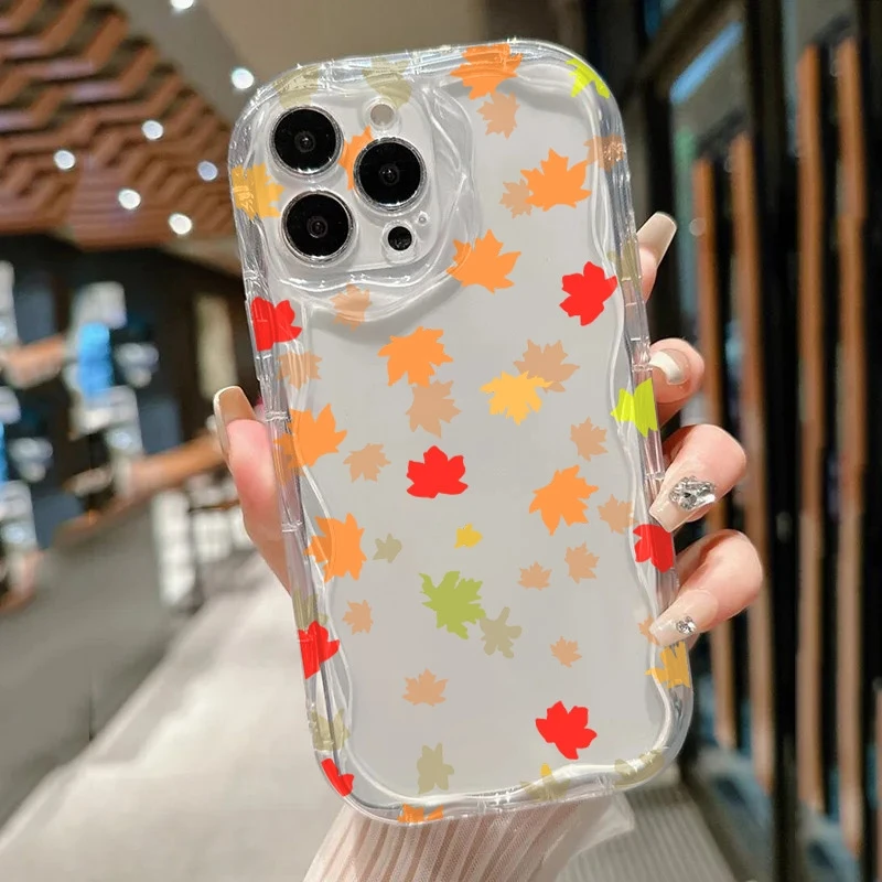 الخريف أوراق القيقب نمط متموج منحني جراب هاتف ل Xiaomi 15 14 13 12 برو 11 لايت 5G 14T 12T للصدمات واضح لينة غطاء من البولي يوريثان