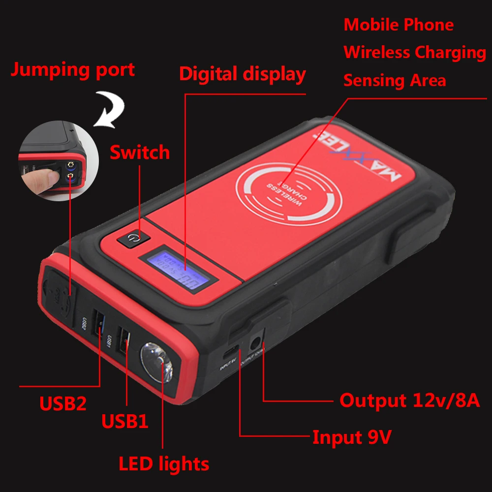 12V Car Booster Emergency Power Supply 1200A  Jump Starter 20000mAh Wireless Power Bank