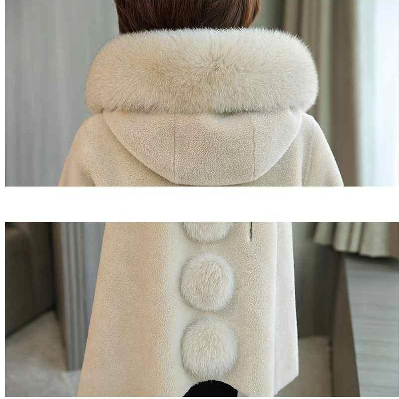 2023 New Granular Sheep Sheared Fleece Coat for Mid Length Winter One Piece Fox Fur Hooded High Grade Loose Comfortable Fur Coat