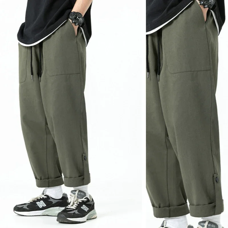 New Spring and Autumn Casual Sweatpants 100% Cotton Streetwear Japanese Foot Button Design Sense Loose Straight Cargo Pants Men