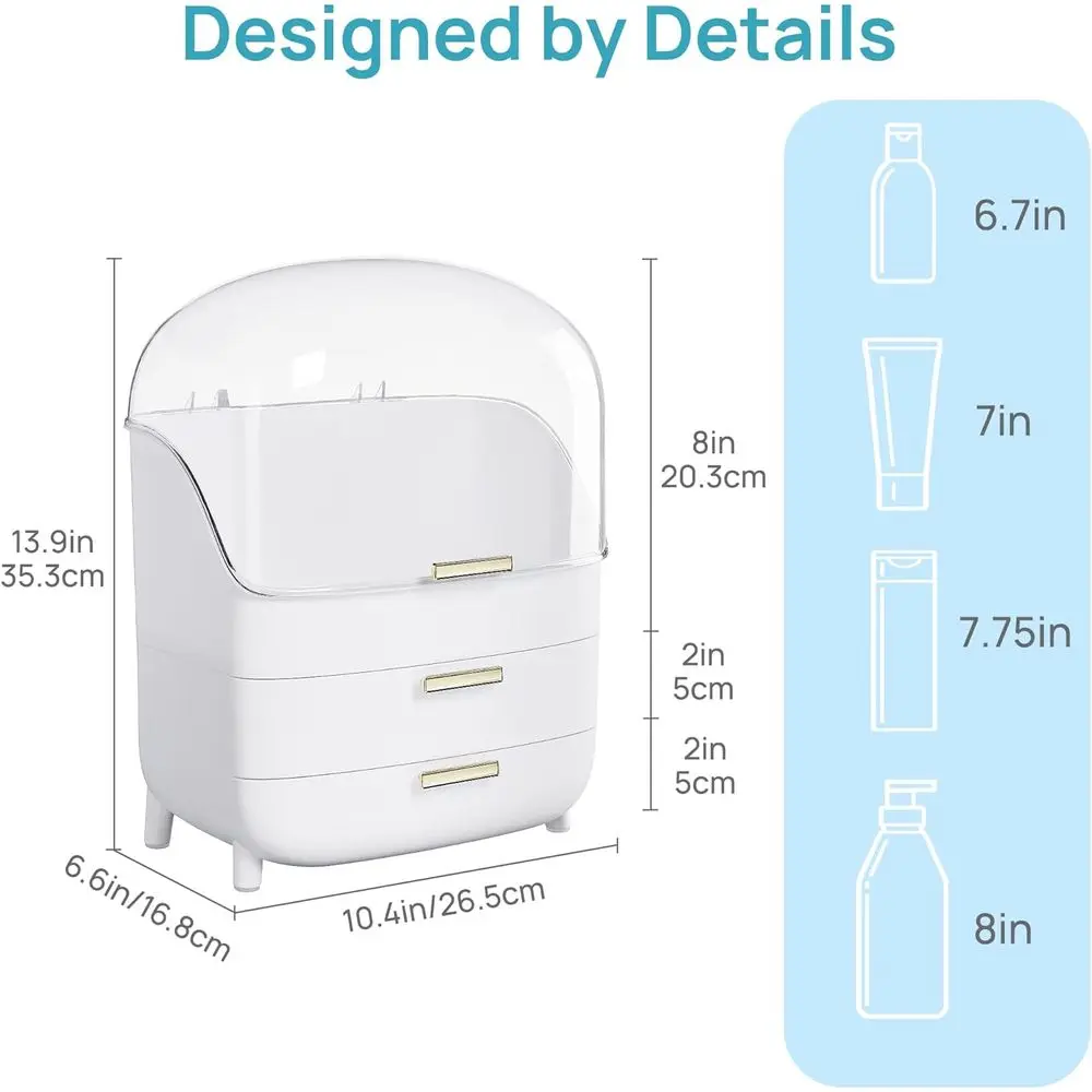 3-Tier Skincare Makeup Organizer with Drawer and Lid, White | Vanity, Dresser and Bathroom Countertop, Large Cosmetic Storage Bo
