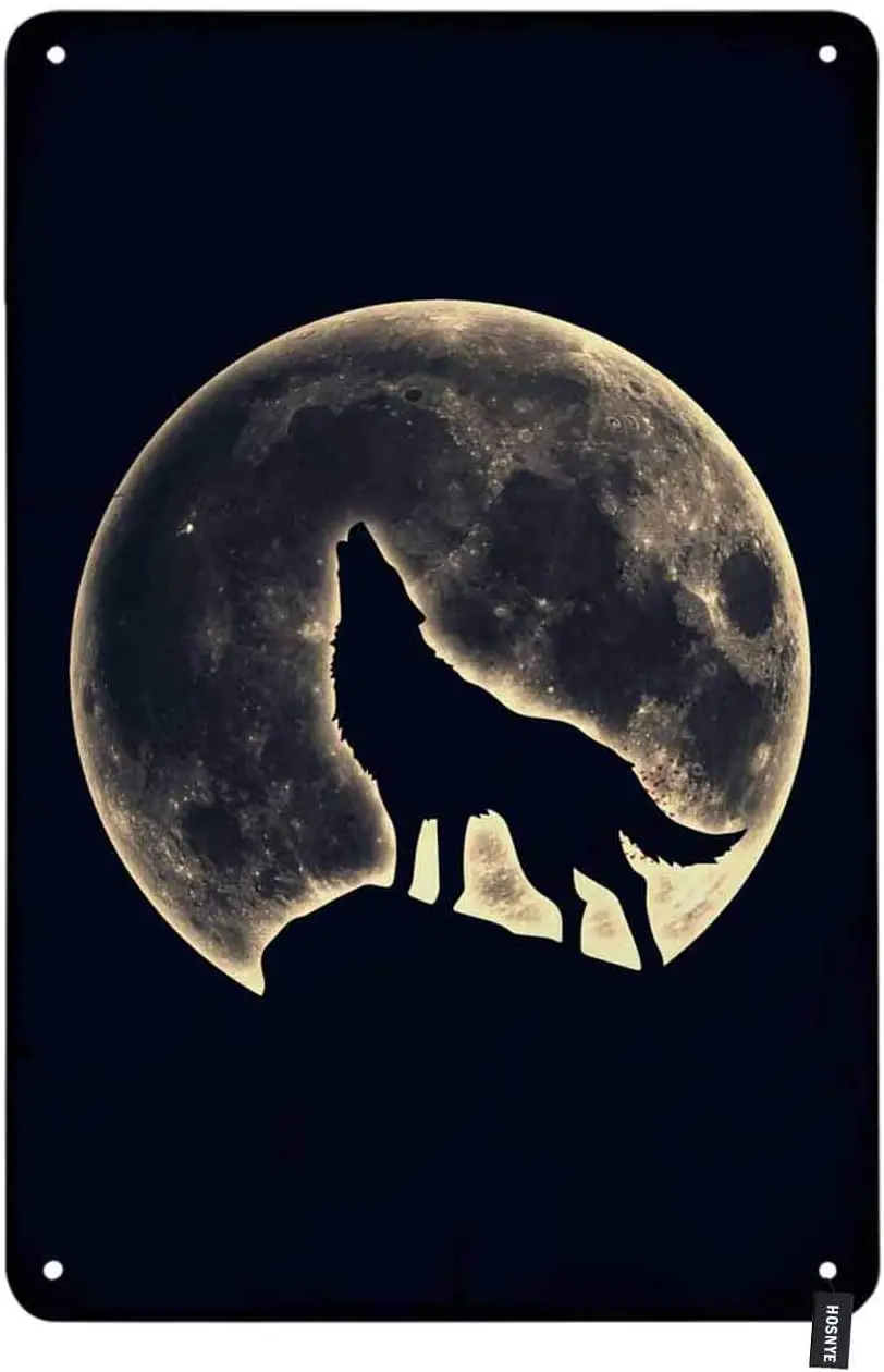 HOSNYE Wolf Howled Tin Sign Full Moon with Rocks and Moonlight at Night Vintage Metal Tin Signs for Men Women Wall Art Decor for