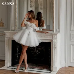 Sansa White Flower Sleeve Mini فساتين السهرة Princess Short Ball Gown Vestidos De Noche Organza Fishbone Prom Dresses 2024