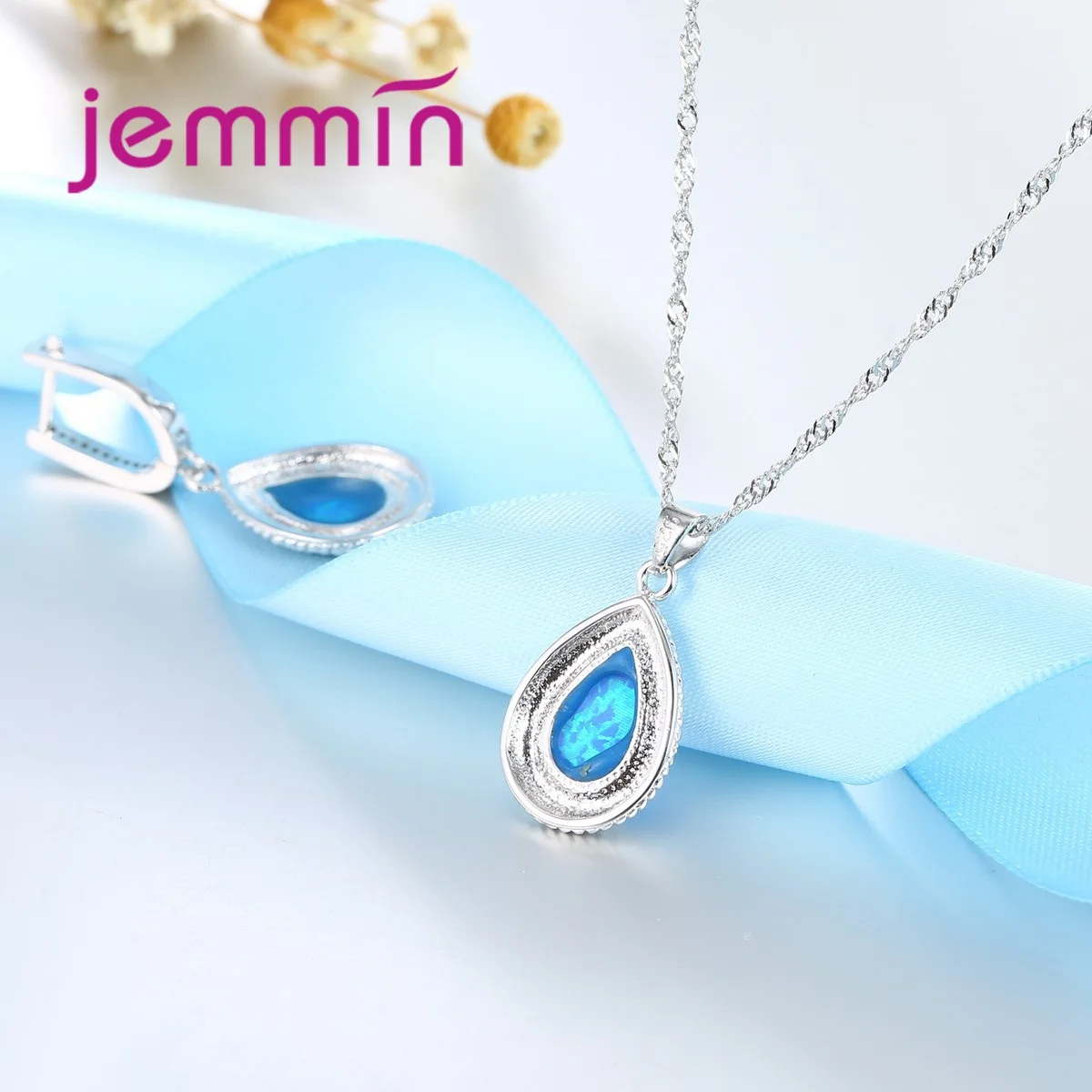 Shiny Water Drop Design Pendant Necklace Blue Fire Opal 925 Sterling Silver  Jewelry Fahion Women Chain Necklace