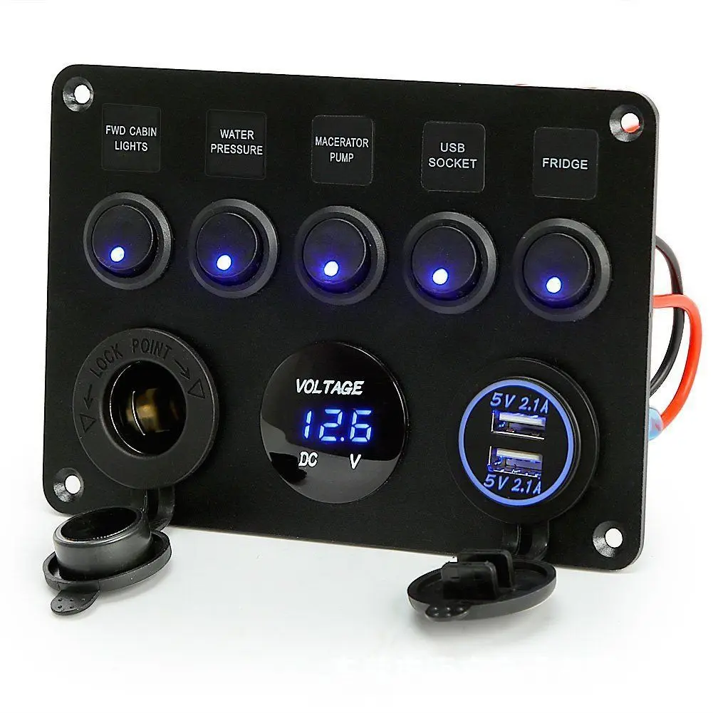 

5 Gang Rocker Switch Panel with USB Charger Socket&Digital Voltmeter&12V Cigarette Lighter Socket for Marine Boat Car