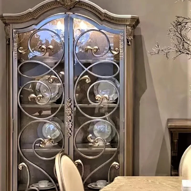 كابينة النبيذ الخشبية الصلبة الريفية الأمريكية وفن جديد Doub le Door Gl Ass Anti Que Cab Net #3