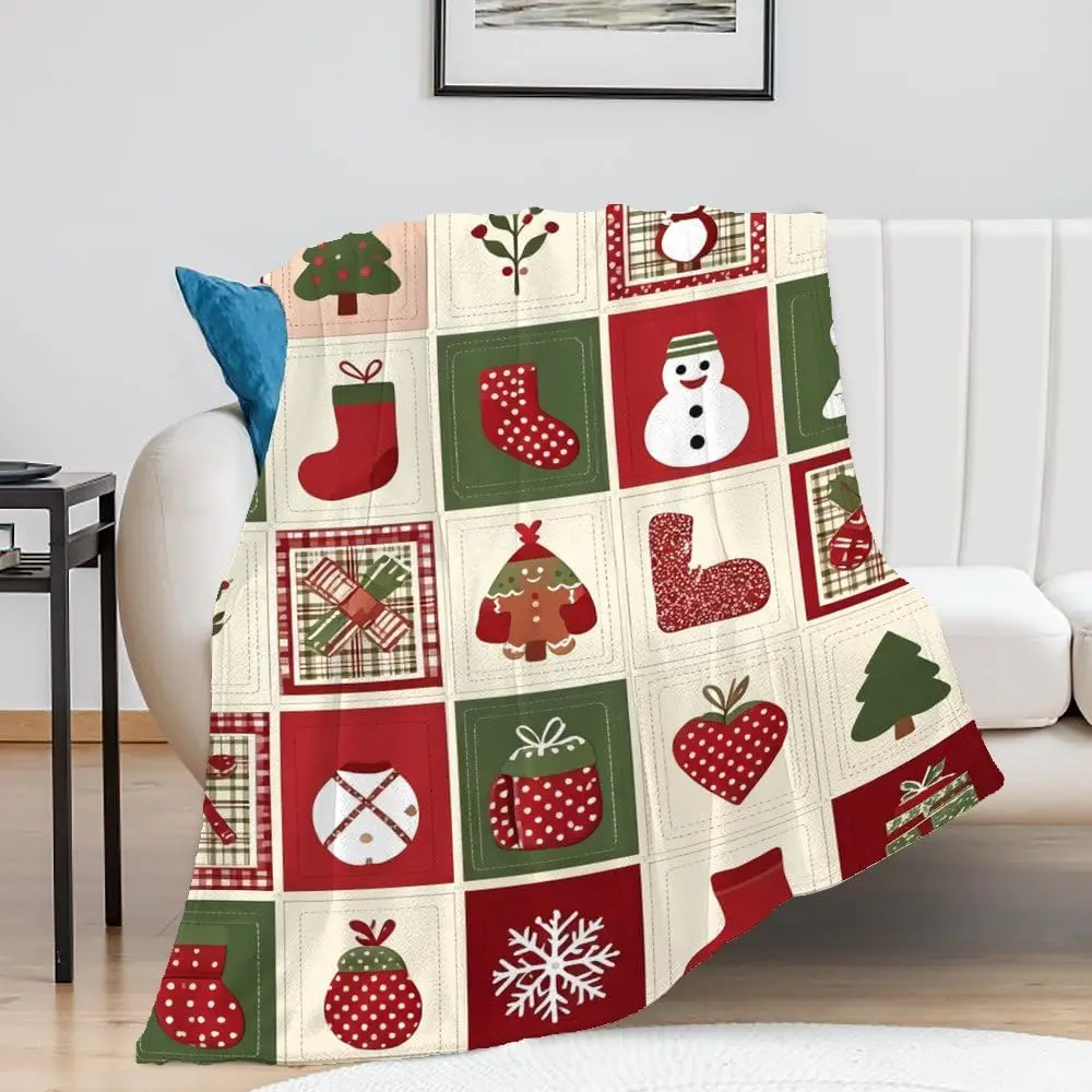 Flannel Throw Blanket, Soft Patchwork Xmas Stocking Snow Print, Washable All Season Blanket for Sofa Bed, (White,40 * 50inch)
