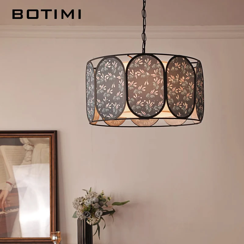 BOTIMI Cylindrical Cloth LED Pendant Light For Dining Wire Hanging Island Kitchen Fabric Art Suspension Luminaire Bedside Lamps