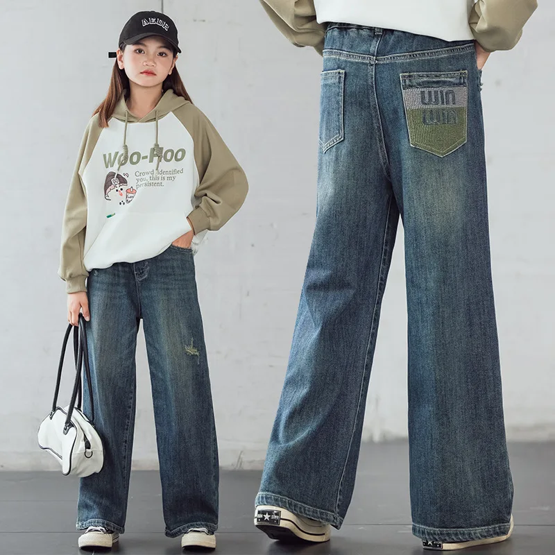 

Girls' Back Pocket Letter Wide Leg Pants Autumn Loose Jeans