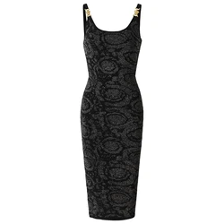 2024 New Black Gold Thread  Bright Line Hanging Strap Metal Button Head Waist Wrap Hip Wrap  Knitted Dress