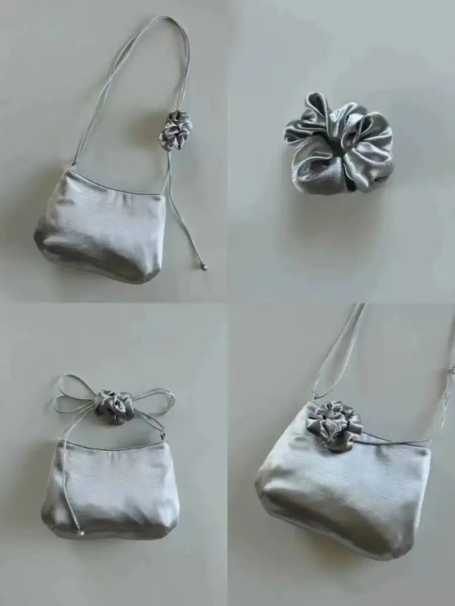 بلوم ريترو الفضة الساتان دلو محفظة المرأة 2024 جديد عصري الكتف حقائب كروسبودي السيدات خمر الساخن الفتيات حقيبة صغيرة Y2k