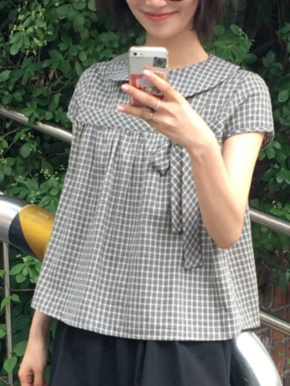 

Summer Plaid Knot Doll Collar irt ort Sve Youthful Reducing Top Girl's Cute Sle Retro Design Sense Blouse