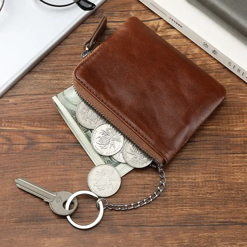 Top Layer Cowhide Men's and Women's Key Bag Coin Purse Small Handbag Credit Card ID Holder Zipper Mini Wallet Mini Purse