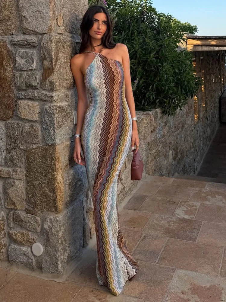 Weird Puss, farbenfrohes, langes Kleid für Damen, Sommer-Trend, Neckholder, schulterfreies Design, rückenfreies Modell, ideal für Urlaub, Strandpartys, eleganter Stil, Vestidos. – Detail 11