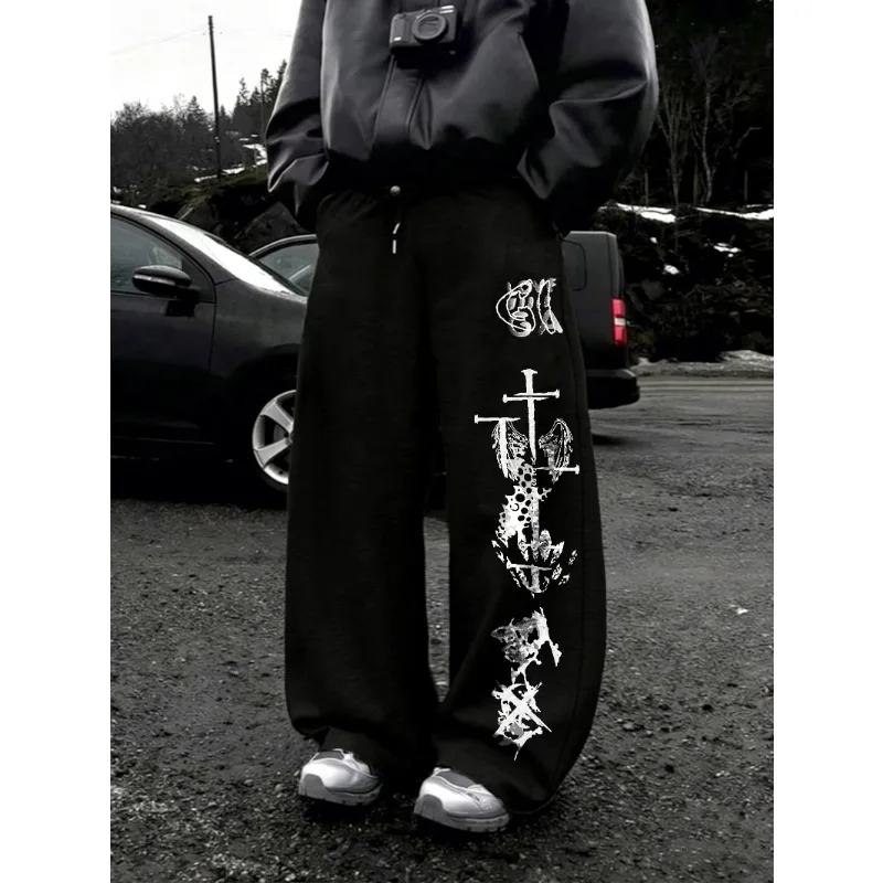 Loose Y2K Dark Punk Street Pants Men's Gothic Cross Angel Wing Vertical Pattern Wide Leg Sports Pants