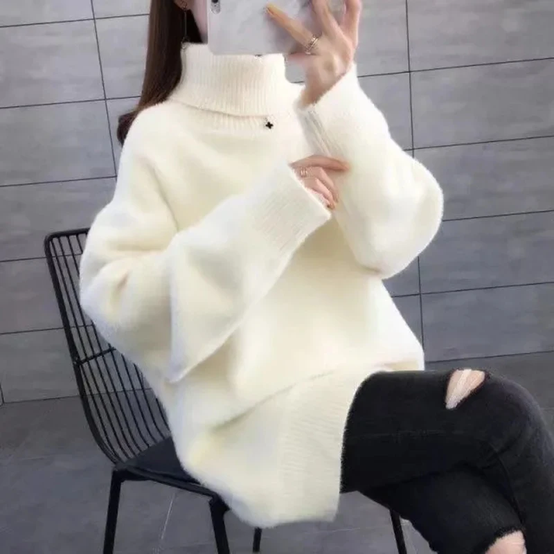 

Imitation Mink Velvet Turtle Neck Sweater Women Elegant Long Loose Outer Wear Autumn Winter Long-Sleeved Knitt Bottoming Shirt