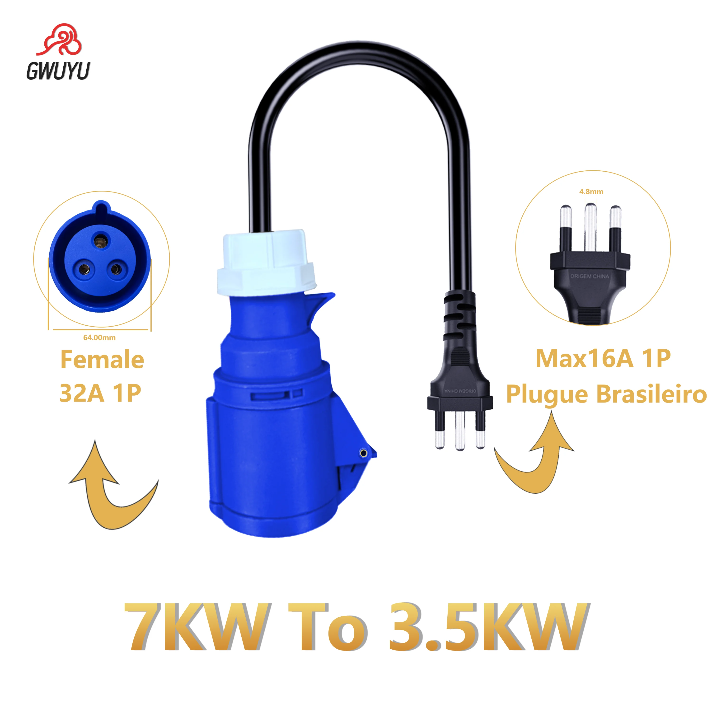 GWUYU EV chargeur 7KW à 3.5KW prise femelle CEE 16A 1 Phase connecteur de prise brésilienne adaptateur 3 broches pour Station de chargeur Portable