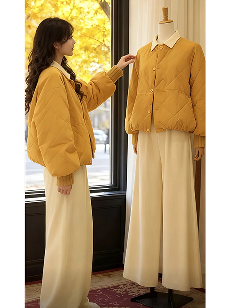 

Желтая утепленная хлопковая куртка свободного кроя с круглым вырезом для женщин, зимняя верхняя одежда, модное пальто больших размеров для женщин