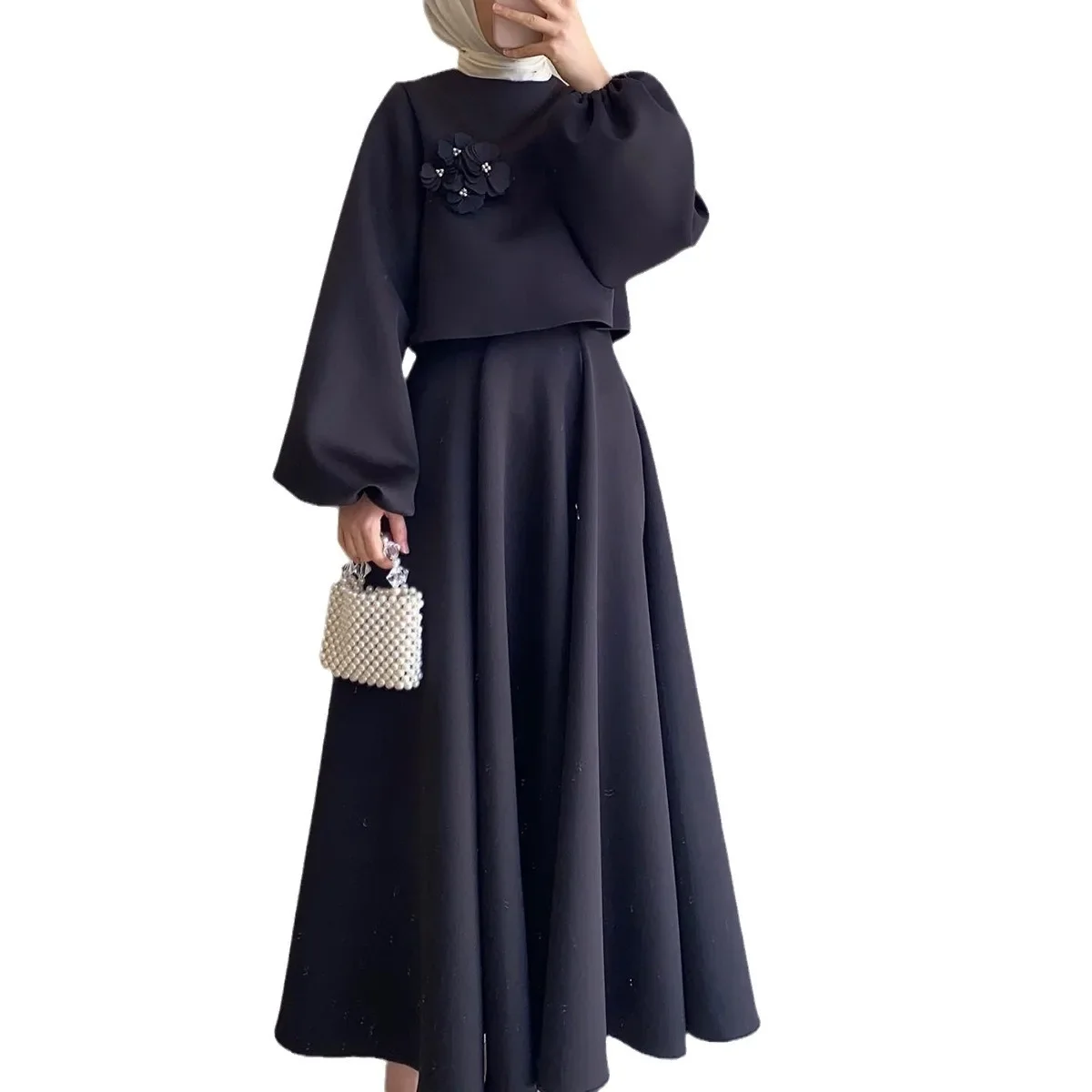 Dubai Flower Muslim Set Lantern Sleeve Loose Two-piece Dress for Women Spring Femme Muslim Dress Abaya Vestidos Turkey Kaftan