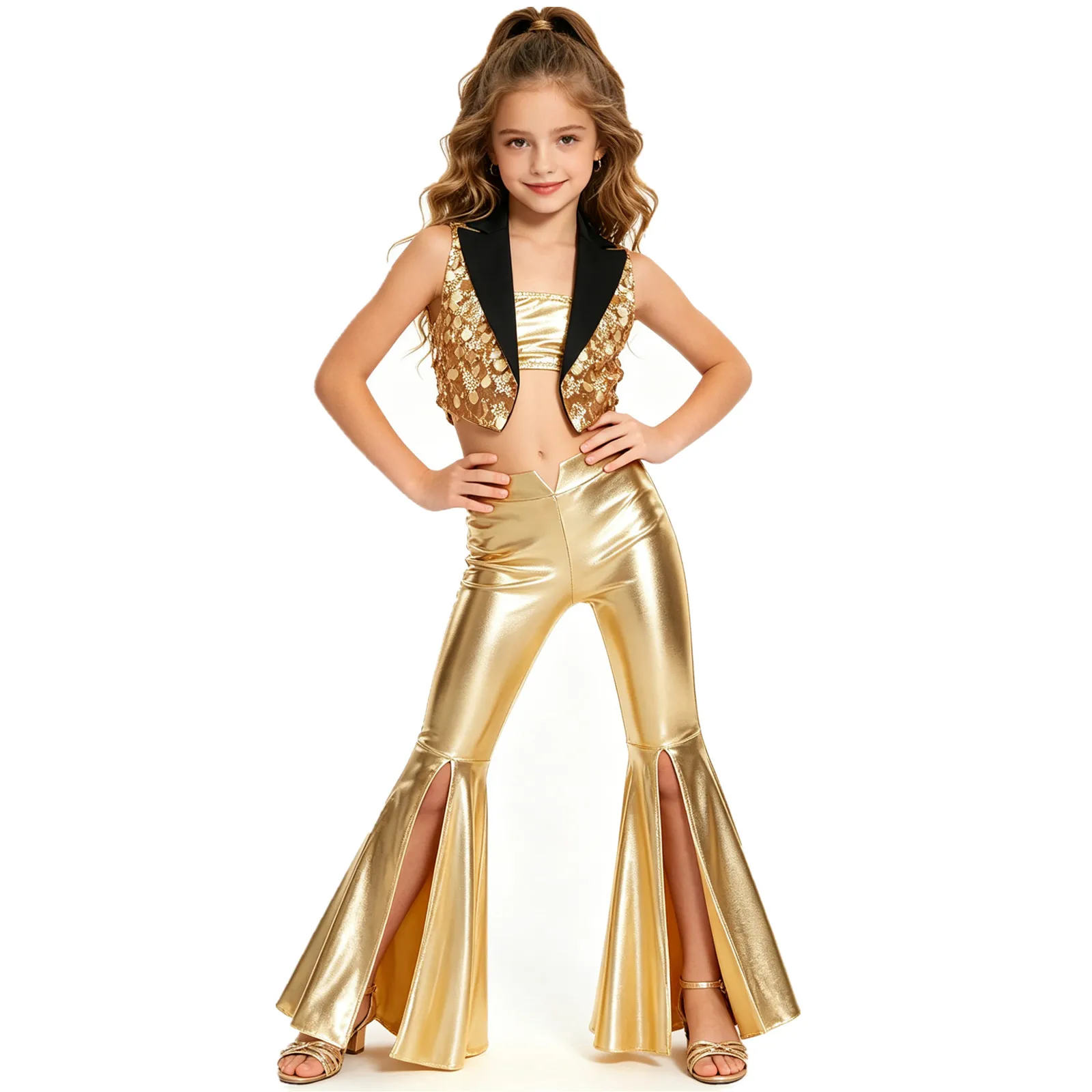

Children Girls Disco Jazz Dance Costume Sequined Crop Tank Top with Metallic Shiny Flared Pants Set for School Party Carnival