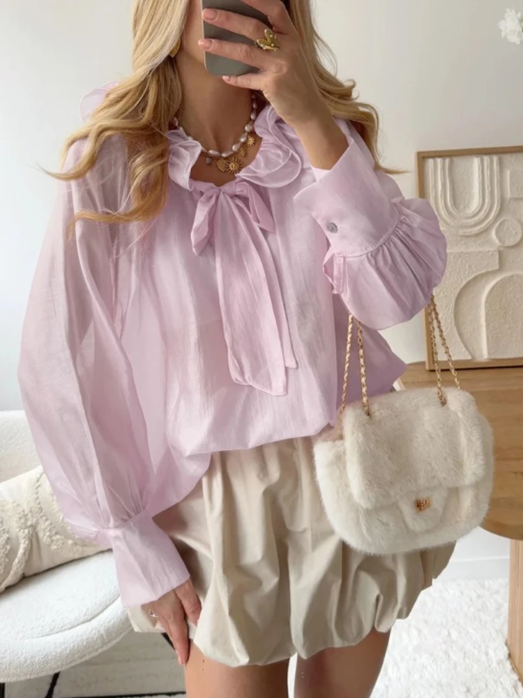 

Модная женская блузка с воланами и шнуровкой, прозрачная, с рюшами по краю, для повседневной носки, новая, пуловер, с длинными рукавами, повседневный топ, футболка