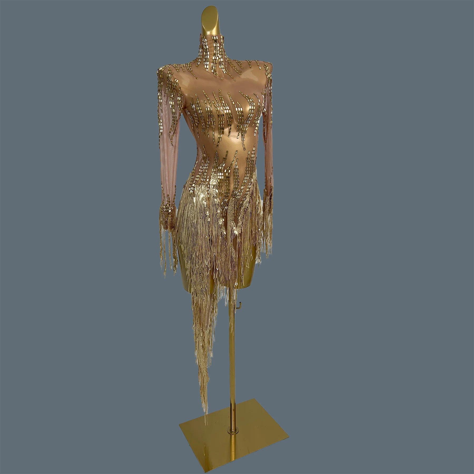 عرض مسرحي للحفلات سباركلي حجر الراين الذهبي انظر من خلال شبكة فستان قصير المرأة اللاتينية فستان رقص حفلة الترتر شرابة الزي ريكي