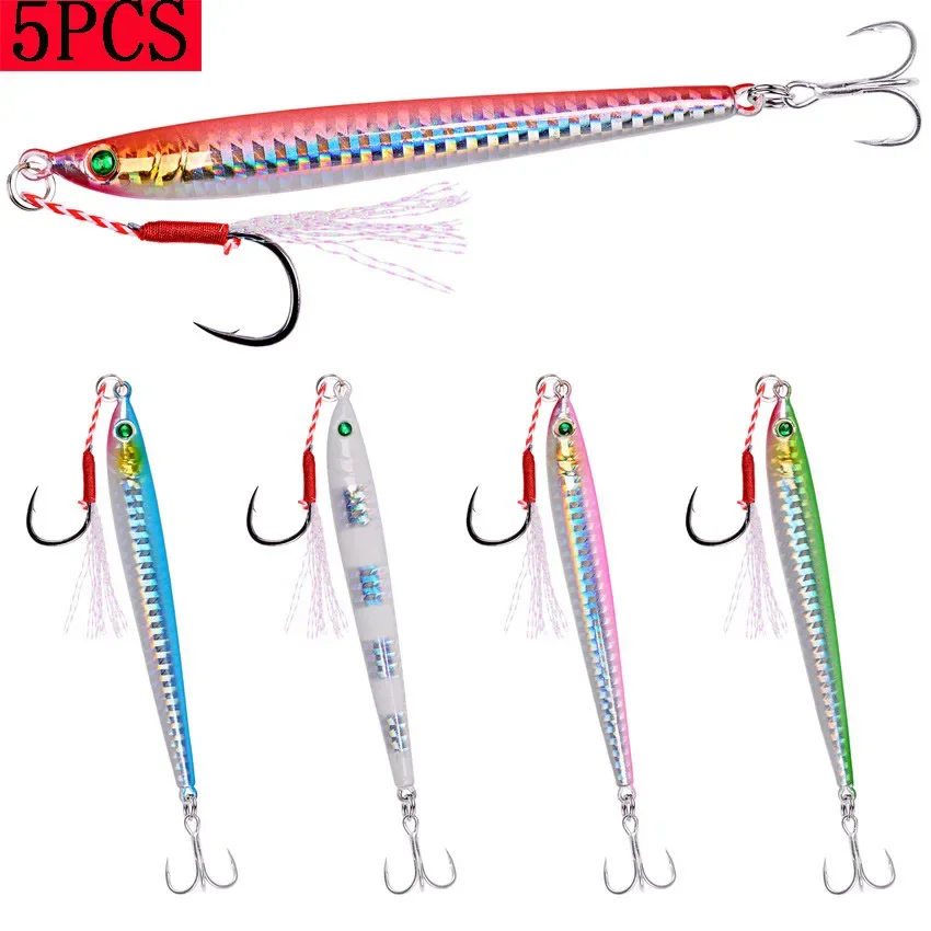 5 adet/grup Metal Jig balıkçılık Lures 7G 10G 14G yavaş uzun döküm Jig kaşık yapay Shore balık yem deniz bas balıkçılık
