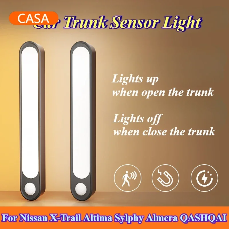 For Nissan X-Trail Altima Sylphy Almera QASHQAI Trunk Car Sensor Light Floor Trunk Hood USB Rechargeable Induction Light Bar