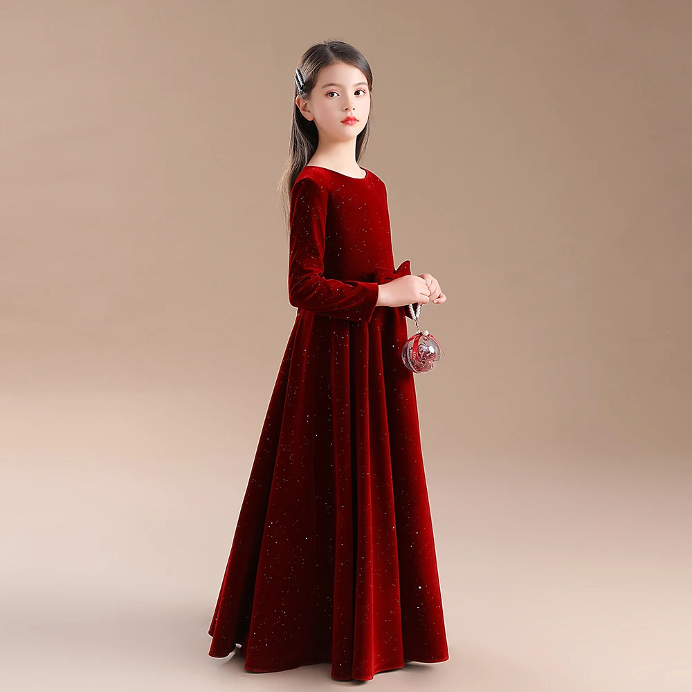 Elegant Party Dress Velvet Flower Girl Dress for Wedding Long Sleeves Princess Bow Birthday Concert Short Junior Bridesmaid Gown