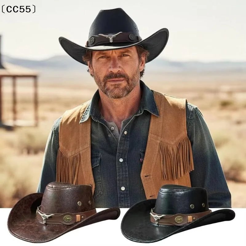 Fashion Bull Head Buckle Western Cowboy Hat Vintage Retro Wide Brim Sun Hat Cowboy Hat For Men Women Unisex〔CC55〕