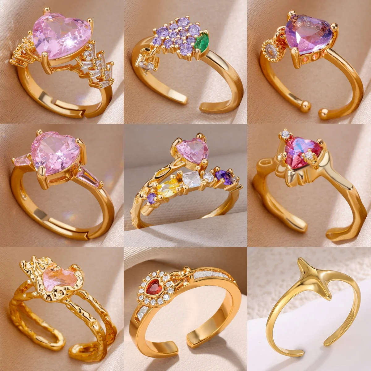 Romantischer Herz-Ring mit Rosa Zirkonia für Damen, Offener Ring 18K Vergoldet, Paar-Schmuck für Dates, Party-Geschenk, Kostenloser Versand