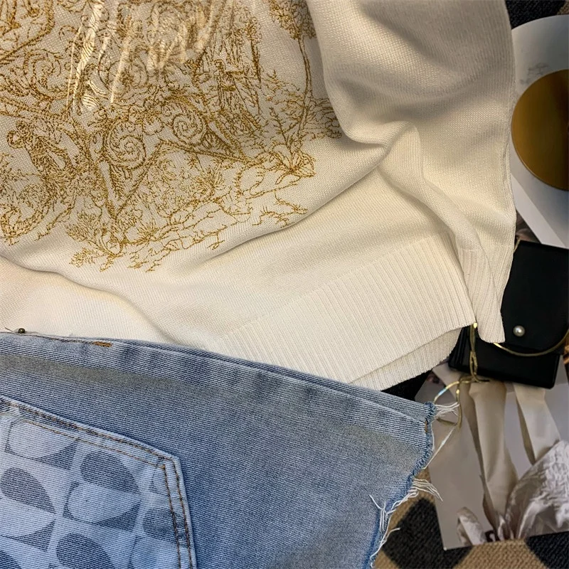 White Embroidered Knitted f High Collar Svel Unique Top Super Cute Anti-Aging Base irt Faionable Commute Sle S...