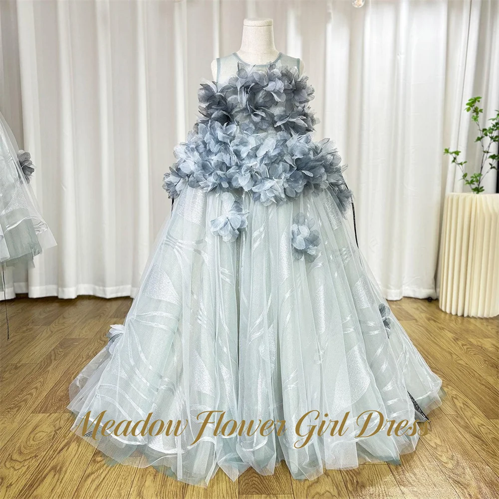 Meadow Light Blue Evening Party Gown for Girls Round Neck Tutu Fluffy Prom Dress 3D Flowers Sleeveless Girls Princess Gown