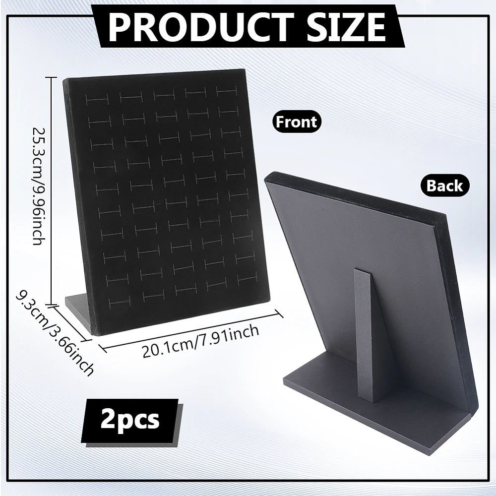 2Pcs L Shape Velvet Ring Holder 7.9x3.7x10Inch Black Jewelry Organizer Tray with Soft Velvet Surface 50-Slot Sponge Ring Display