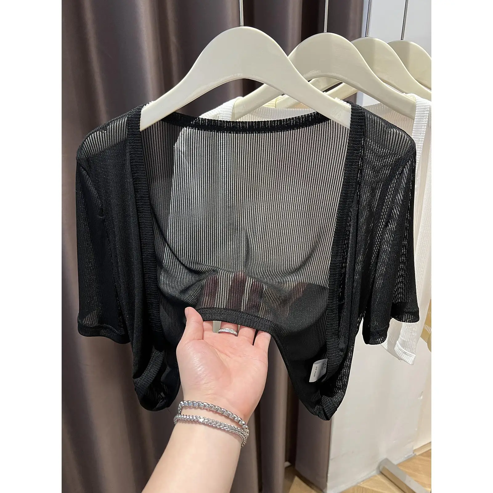 

Летний женский кардиган из ледяного шелка с коротким рукавом, тонкий, сетчатый, с вырезом халтер, для ношения поверх платья, с открытыми плечами