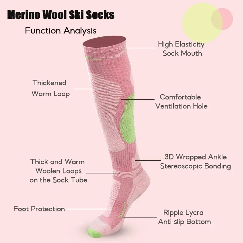 KUFUN Ski Socks Adult Thick Knee-high Terry Men Lady Wool Blend Snowboard Warm Winter Outdoor Sports
