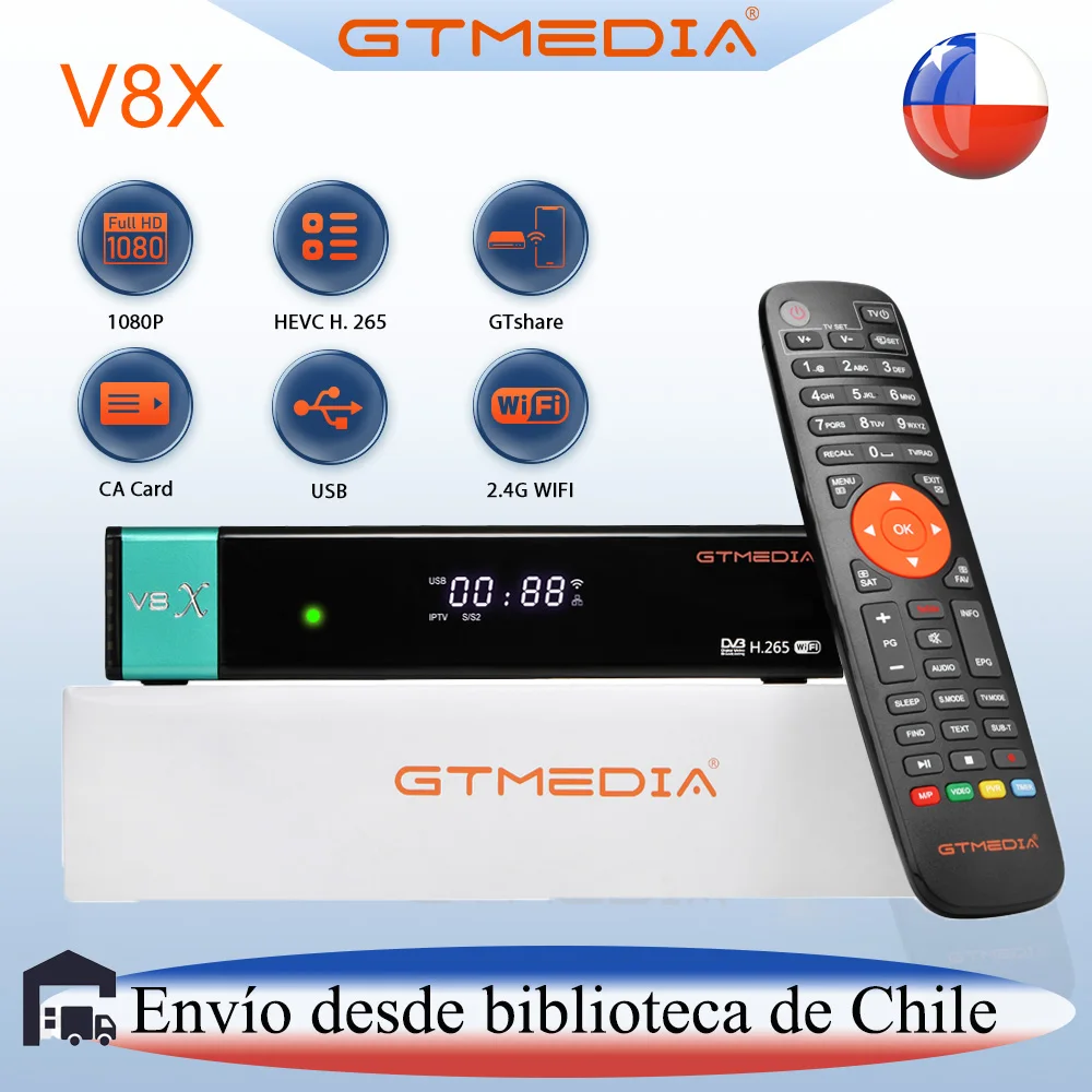 GTMEDIA V8X satellite TV decoder support Auto Roll PowerVu RJ45 support built-in WIFI Cline Set Top Box is shipped from Chilean warehouse.