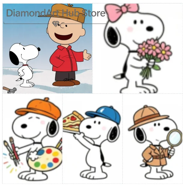5D DIY Diamond Painting Cute Snoopy Peanuts Cartoon Art, Snoopy With Charlie Brown, Artist Painter, Detective, Holding Pizza