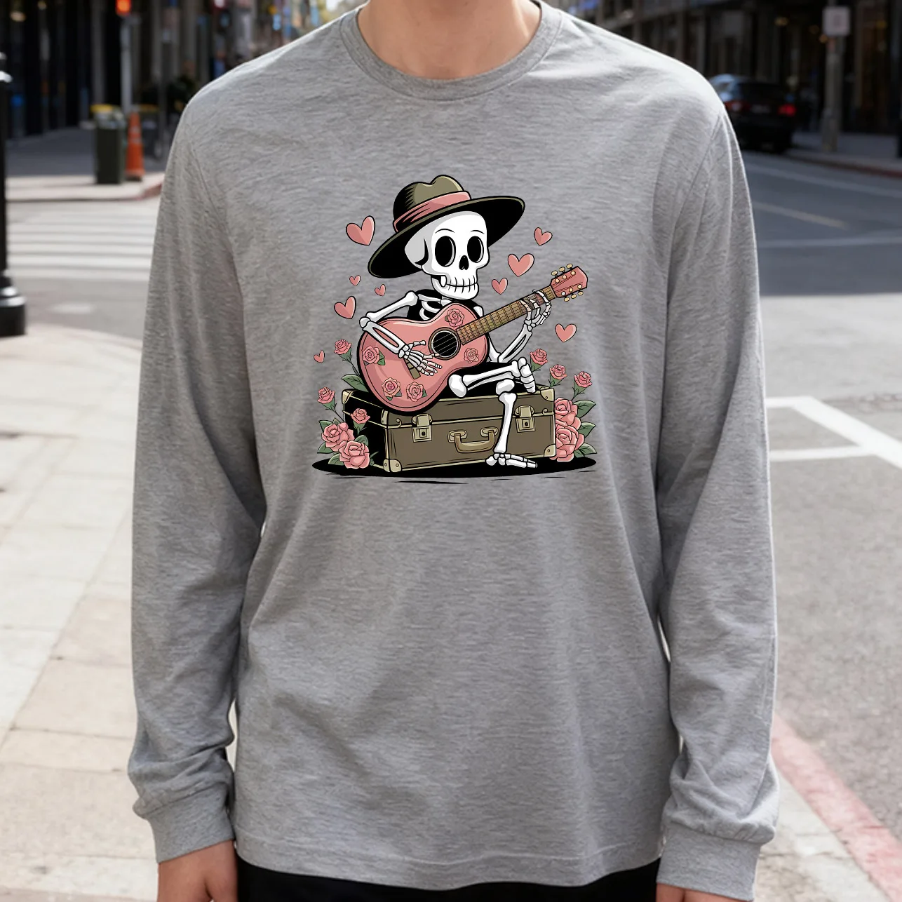 Skeleton Playing Guitar Men's Long Sleeve Tee 100% Cotton 180g Crew Neck Casual Daily Style Soft and Breathable