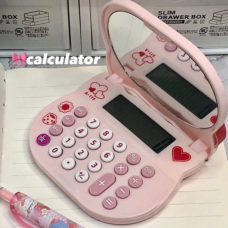 Creative Sanrio Hello Kitty Makeup Mirror Calculator Cute Girl Portable Flip Computer Kuromi My Melody Pink Mini Calculator Gift