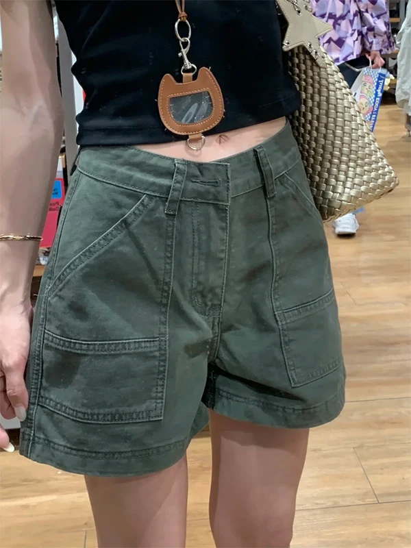 American Retro Military Green Denim Shorts Women's Summer High Waist Slimming Loose Workwear A-Line Three-quarter Length Pants