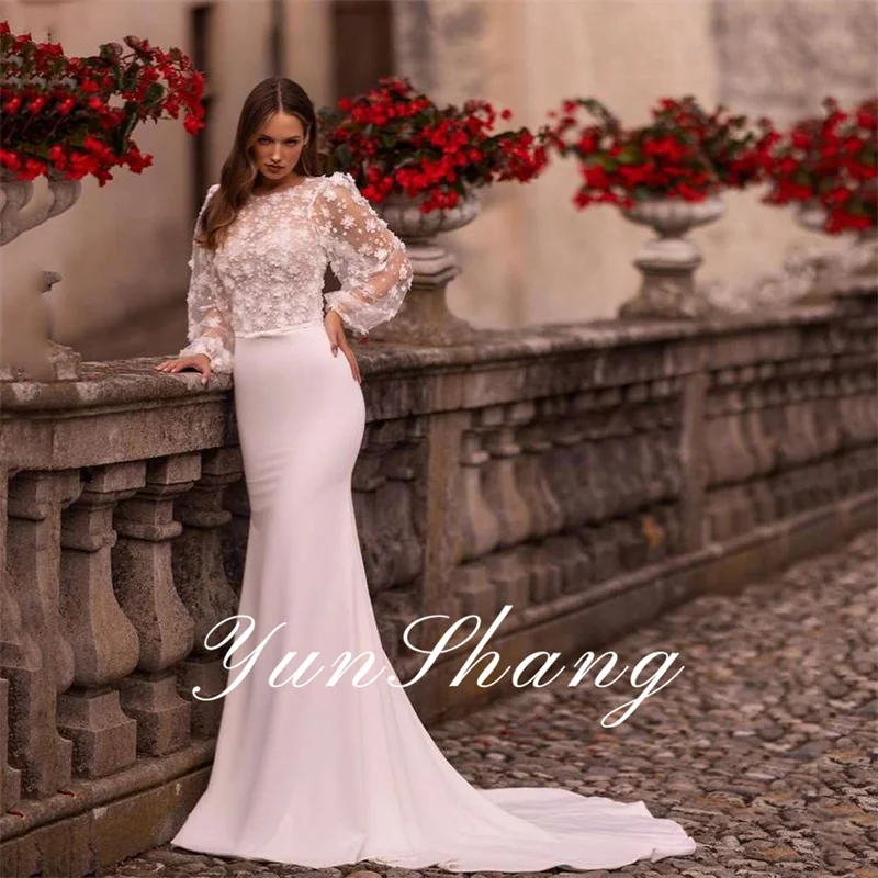 Yunshang Elegante Trouwjurken Vrouwen Zeemeermin Kant Illusie Rug Lange Mouw O-hals Bruidsjurken Sweep Trein Vestidos De Novia