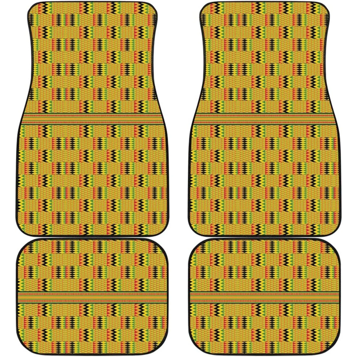 Set Of Car Floor Mats In Yellow Kente Design - Includes Front And Rear Covers, Tribal Motif Auto Additions, Ethnic Style Interio