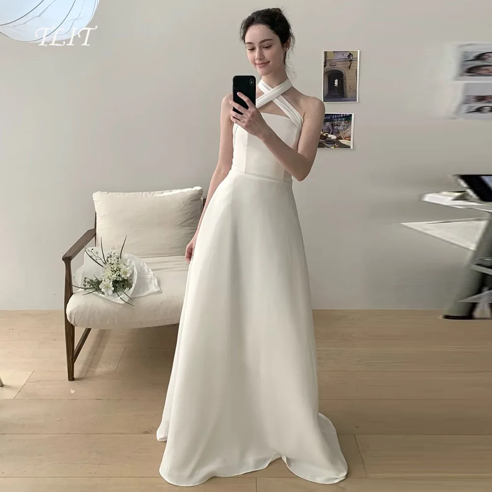 

TLIT Elegant Ivory Silk Satin Wedding Dresses Customized Halter Mermaid A-Line Sleeveless Bridal Gowns Korea Gown Photo Shoot