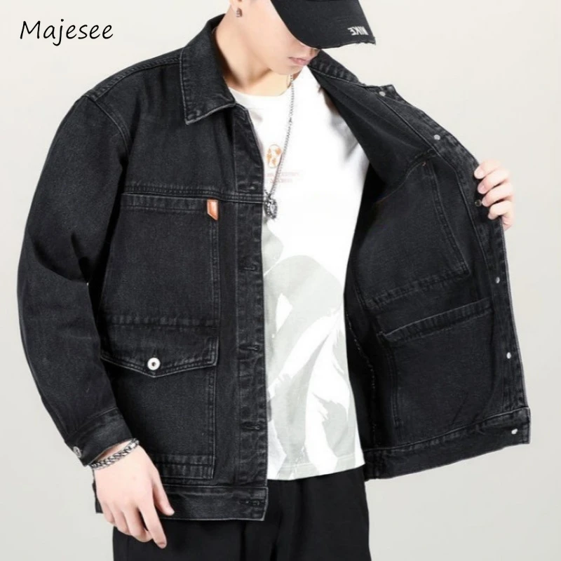 

Jackets Men Pockets Youthful Fashion Handsome Turn-down Collar Simple Pure All-match Single Breasted Vintage Cozy Soft Students