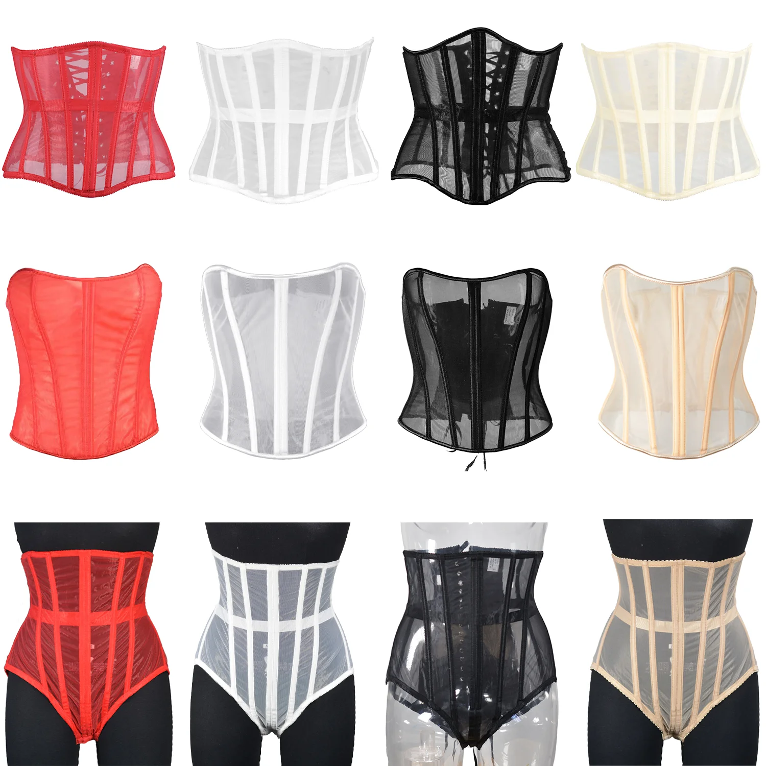 Women Sexy Sheer Mesh Patchwork Bustier Corset Vintage Strapless Lace-Up Back Overbust Waist Cincher Body Shaper Top Wholesales