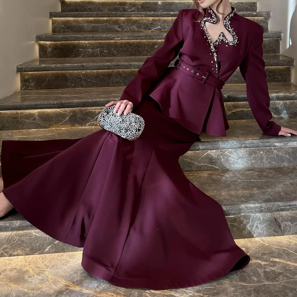 فساتين سهرة مخصصة على شكل حرف a بطول الكاحل ورقبة عالية وأكمام طويلة فستان حفلات أنيق وشاحات كريستالية بسيطة ثنيات للحفلات