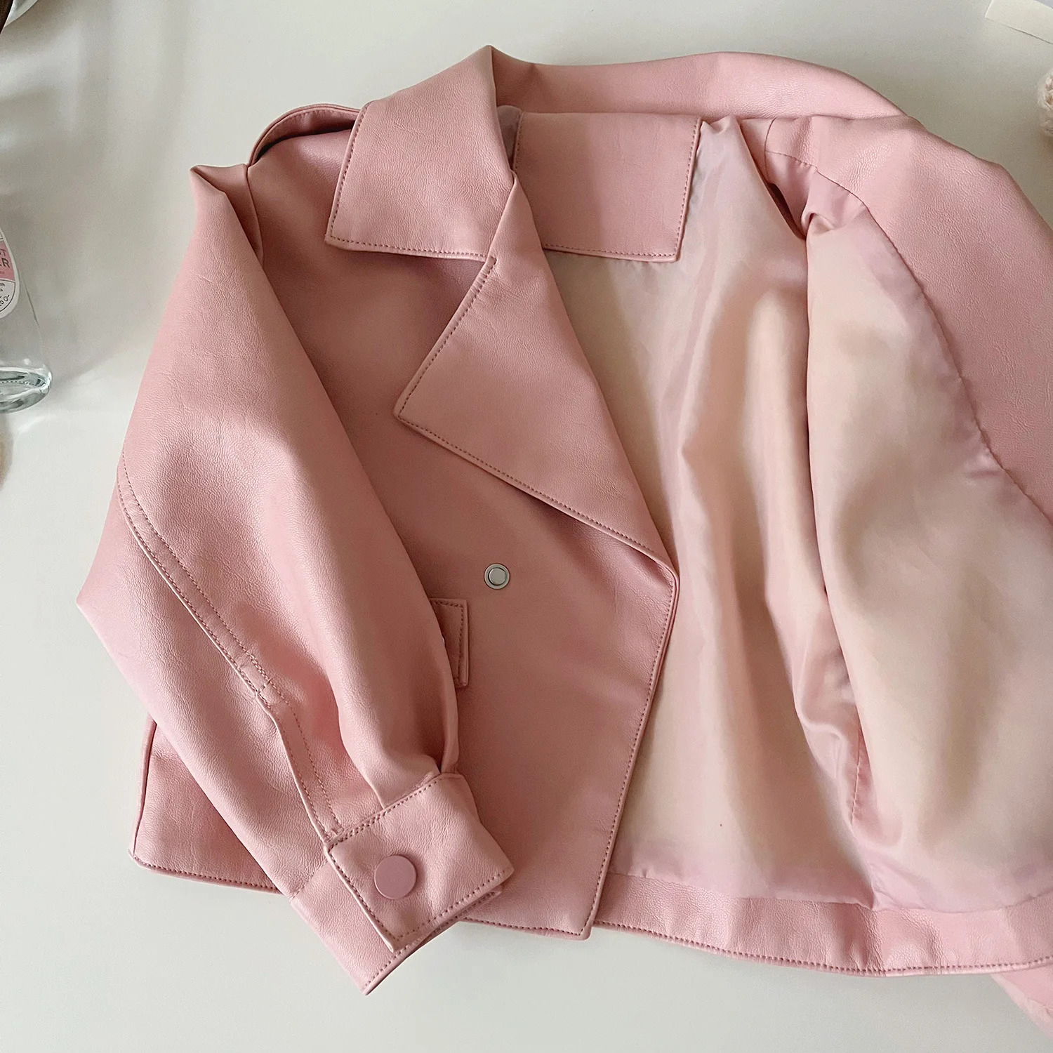 Childrens Clothing 2024 Autumn New Korean Girls Temperament Short and Versatile Solid Color Leather Jacket