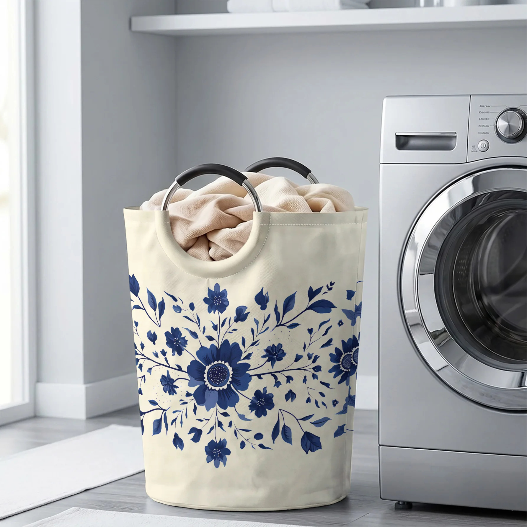 Blue Floral Porcelain Style All‑Over Print Handheld Storage Basket, For Laundry, Bedroom & Home Sundries Storage